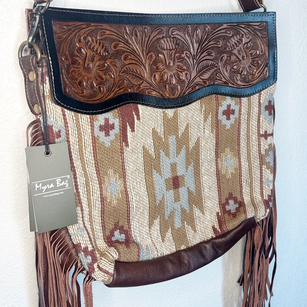 Tooled Leather Western Fringe Aztec Patterned Purse - Picture 5 of 6